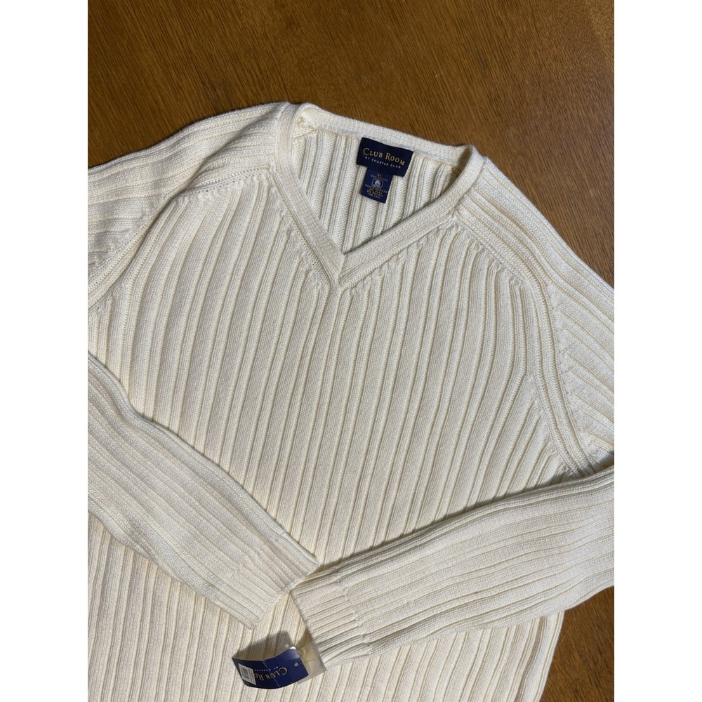NOS Club Room Charter Club Sweater‎ XL Ivory Ribbed V Neck 100% Cotton Vintage